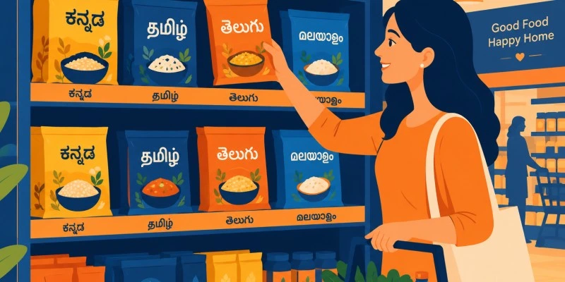 A flat-style illustration of a grocery shelf with packs showing Kannada, Tamil, Telugu and Malayalam scripts, a happy shopper picking one, deep navy and orange palette