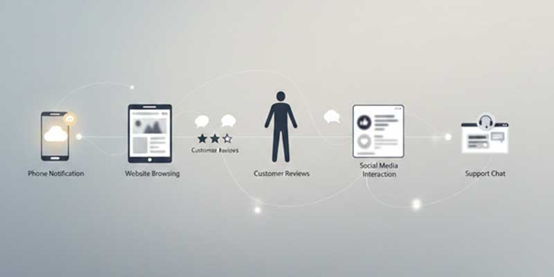 A visual showing a user interacting with multiple digital touchpoints over time, gradually forming confidence through repeated experiences.