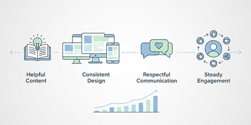 An illustration showing a steady relationship built through consistent and respectful digital interactions.