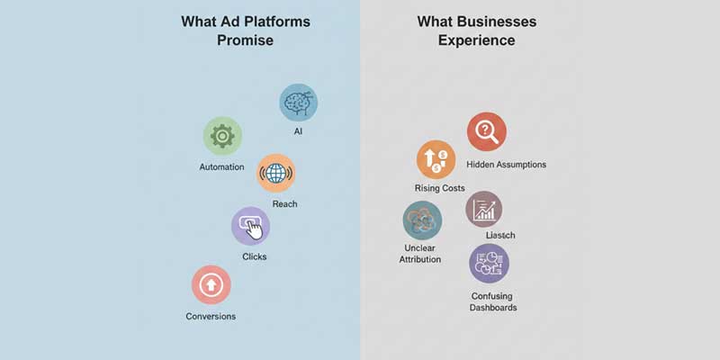 Advertising platform promises vs real business outcomes showing automation, AI claims, and hidden complexities