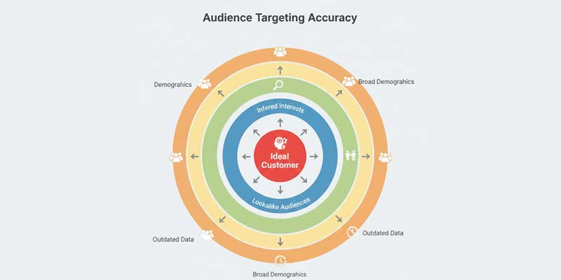 Audience targeting accuracy infographic showing ideal customers versus inferred interests and lookalike audiences