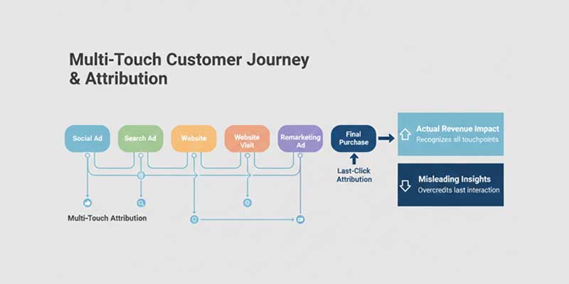 Customer journey attribution model showing last-click versus multi-touch conversion paths