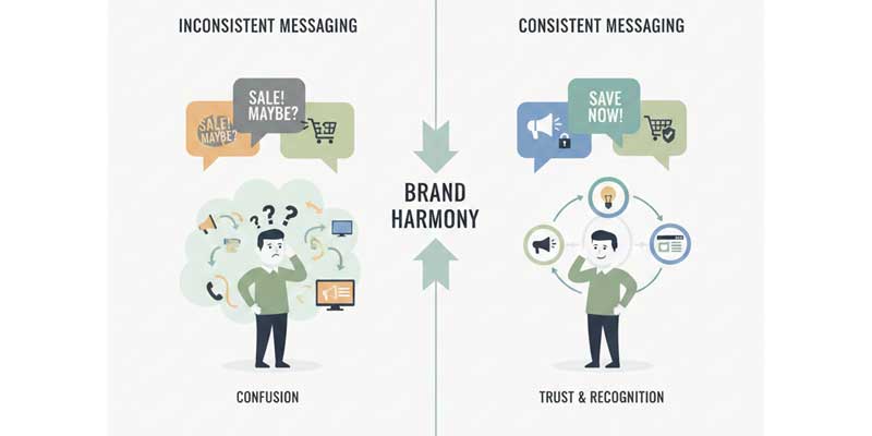 Illustration showing how consistent messaging builds clarity and trust across digital platforms.