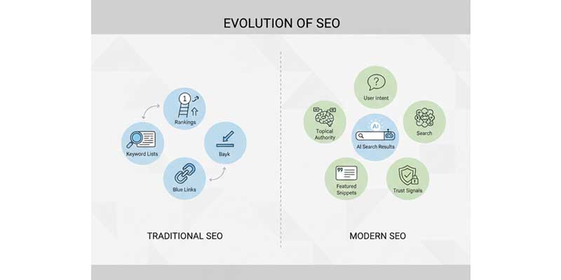 Evolution of SEO from keyword-focused strategies to intent-driven, AI-powered organic growth