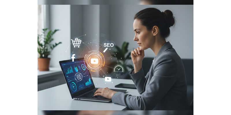 Small business owner using digital marketing tools to compete with big brands online, highlighting SEO, PPC, and social media strategies.