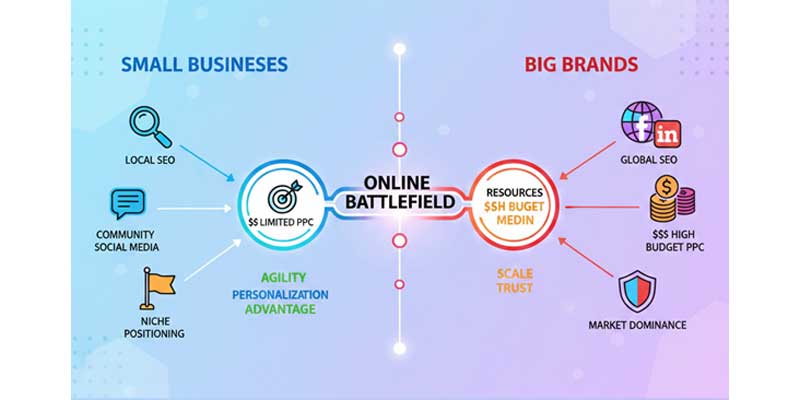 Infographic showing small businesses competing with big brands online using digital marketing strategies and brand positioning.