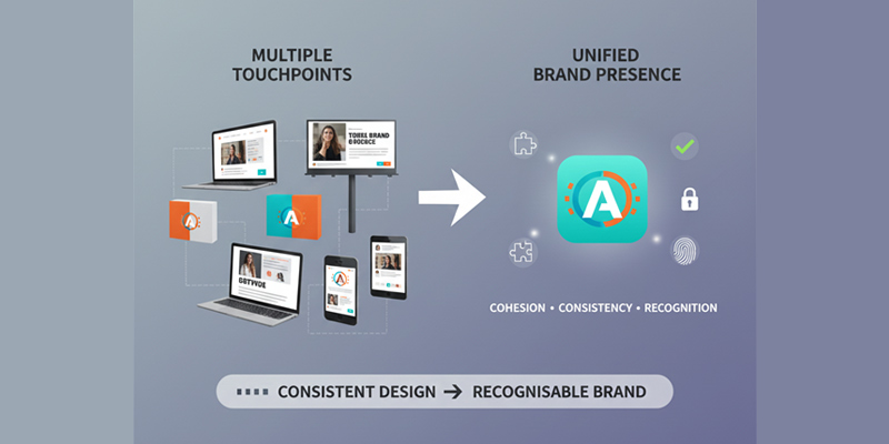 Infographic showing consistent brand identity across digital and offline touchpoints to improve brand recognition.