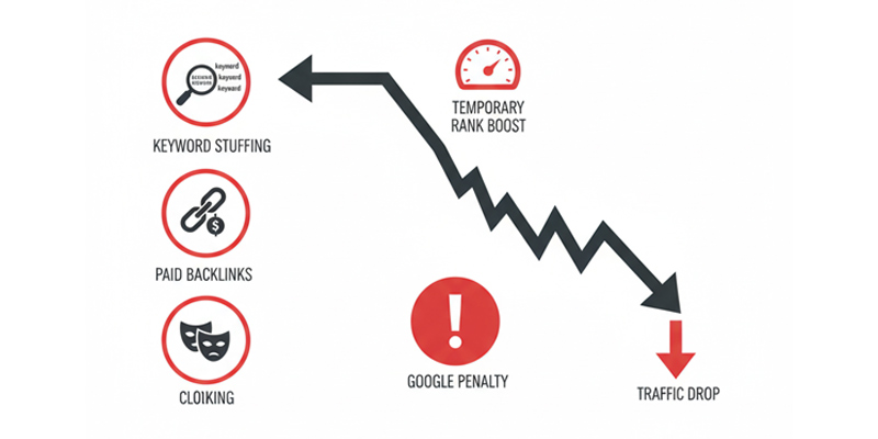 SEO shortcuts leading to Google penalties and loss of organic search traffic