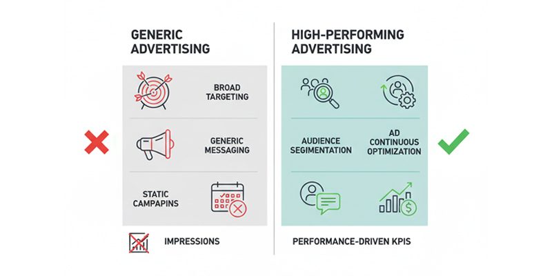 Comparison of generic advertising versus high-performing ad strategies focused on personalization, audience segmentation, and performance-driven results.