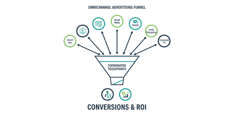 Omnichannel advertising funnel showing coordinated search, social, display, video, and retargeting campaigns driving conversions and ROI.