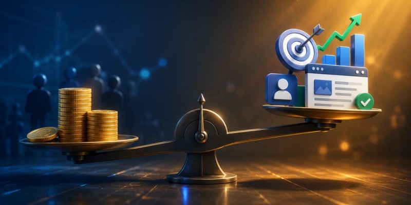 Balance scale comparing ad budget and campaign optimisation