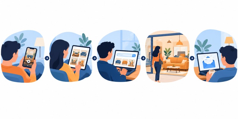 Illustration of one buyer connected to search, video, social, and store ads in an omnichannel PPC campaign