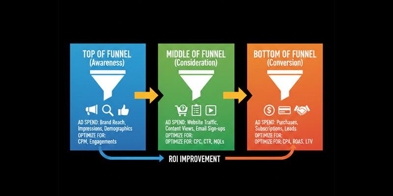 Infographic of a full-funnel performance marketing model showing TOFU, MOFU, and BOFU stages.