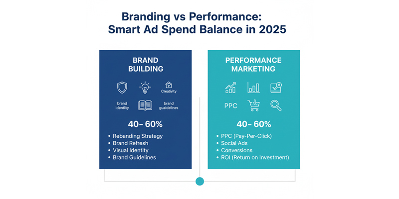 Branding vs performance advertising spend in 2025, highlighting rebranding strategy, brand refresh, visual identity, and brand guidelines alongside ROI-driven marketing.