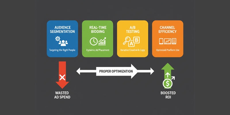Diagram showing performance marketing strategies, including audience segmentation, A/B testing, real-time bidding, and channel efficiency.