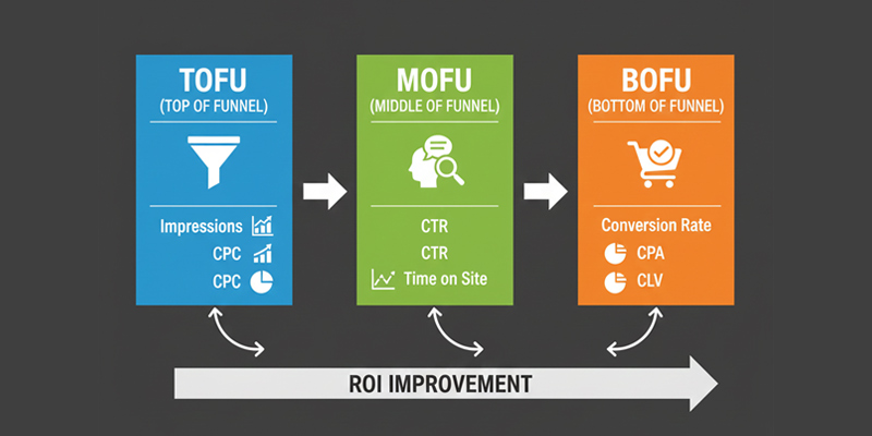 Infographic showing TOFU, MOFU, and BOFU metrics contributing to overall campaign performance.