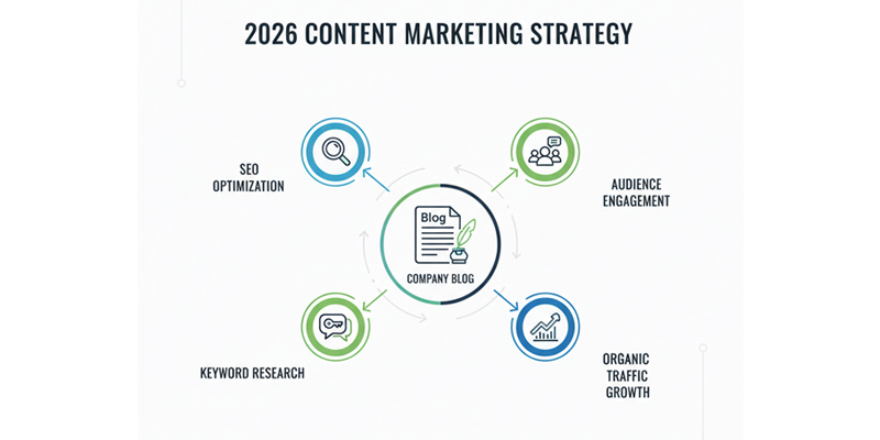 Blog posts and content channels 2026 infographic showing SEO content trends, authority building, organic traffic growth, and effective content marketing strategy.