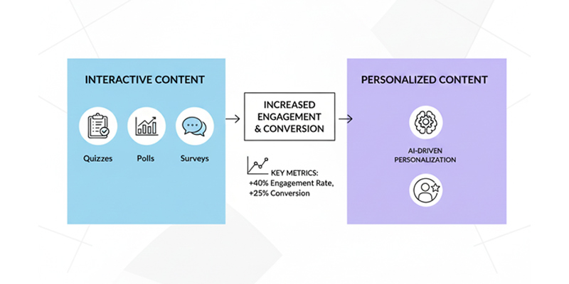 Content types and channels infographic for 2026 showing blogs, social media, videos, podcasts, webinars, and interactive content to boost authority building and audience engagement.