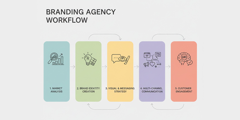 Branding workflow showing market analysis, identity creation, and multi-channel communication strategies for 2026.