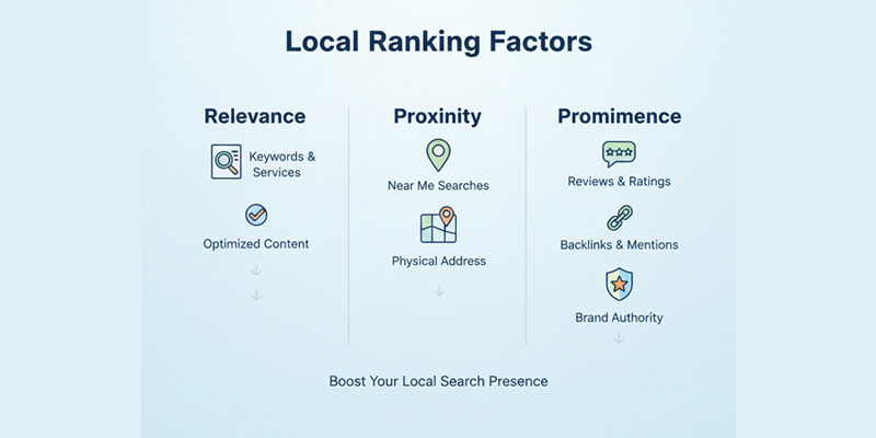 Diagram explaining local ranking factors like relevance, proximity, and prominence