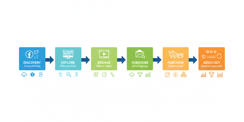 Illustration of online touchpoints and interactions from discovery to repeat purchase.