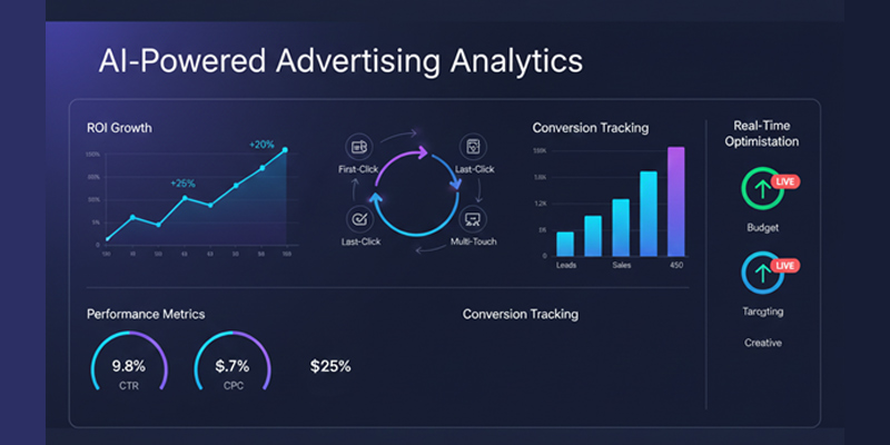 Advertising dashboard showing real-time performance tracking and ROI optimisation.