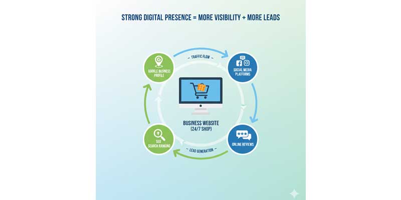 Strong digital presence elements including website, social media, and Google Business Profile for online business growth