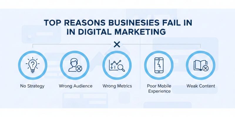 Top digital marketing mistakes that cause poor performance, including lack of strategy, wrong audience targeting, weak content and poor mobile experience.