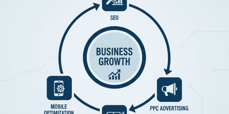 Structured digital marketing strategy flow showing goals, audience targeting, channel selection, execution and performance tracking