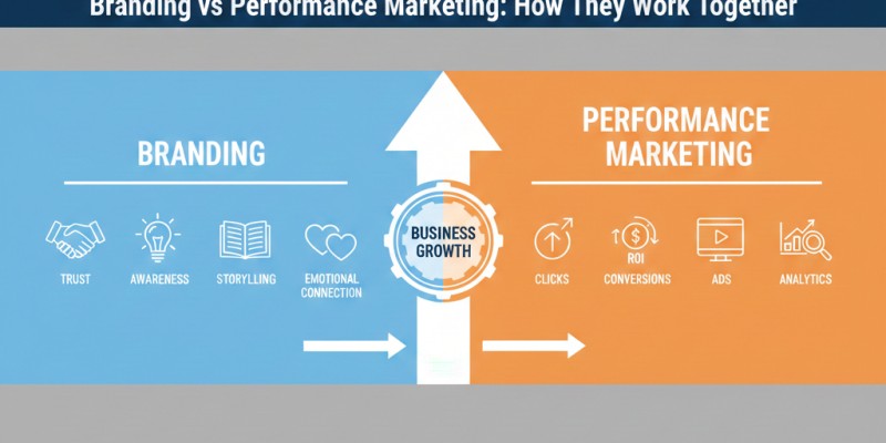 Branding vs performance marketing infographic showing brand awareness, trust and conversions driving business growth.