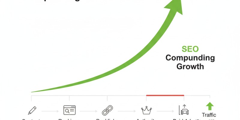 ROI formula and short-term vs. long-term marketing returns with SEO organic traffic growth trend.