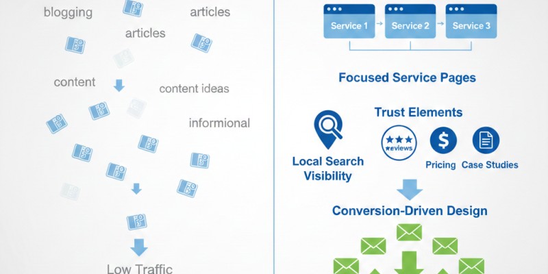 Service page SEO vs blog-heavy SEO strategy for service businesses showing enquiry generation difference.