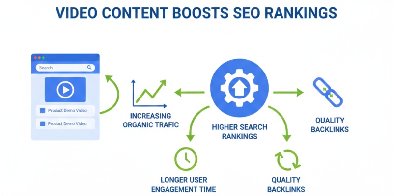 Video SEO impact showing higher rankings, more traffic, longer engagement and backlink growth