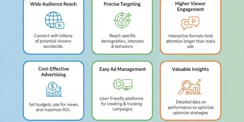 Infographic highlighting six key benefits of a YouTube ads strategy for businesses including audience reach, targeting, and engagement.